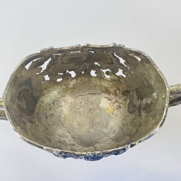 Antique Silver Plated Rose Floral Design Cobalt Blue Lined Sugar And Creamer Set - Picture 8 of 16